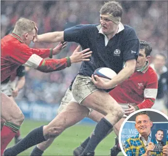  ??  ?? Doddie Weir hands off Wales’ Neil Jenkins in 1995 and (inset) promoting his new book