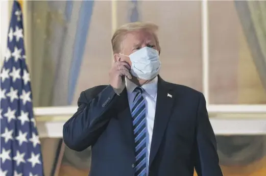  ?? ALEX BRANDON/AP FILE ?? Donald Trump is shown Oct. 5 upon returning to the White House after leaving Walter Reed National Military Medical Center, where he received an experiment­al monoclonal antibody treatment for COVID-19.