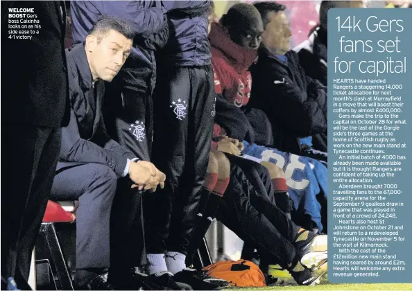  ??  ?? WELCOME BOOST Gers boss Caixinha looks on as his side ease to a 4-1 victory