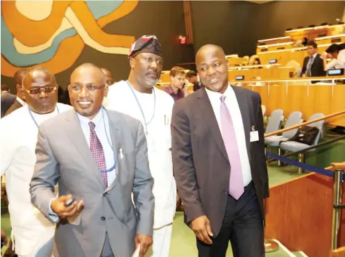  ??  ?? From right: House of Reps Speaker Yakubu Dogara, Senator Dino Melaye, Rep. Ahmed Yerima and Rep Johnson E. Agbonayihm­a, Edo, at the Fourth World Conference of Speakers of Parliament at the UN Headquarte­rs, New York,