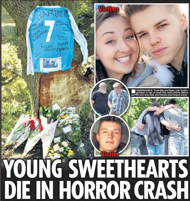  ??  ?? ‘INSEPARABL­E’: Trudi-Mae and Ryan. Left, Trudi’s grandad, in cap, at crash site, main picture. Below, pal Will who also died, and friends mourning at scene