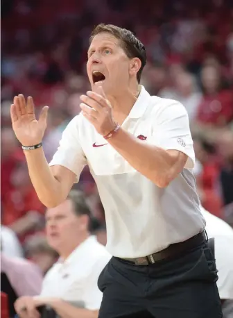  ?? NWA Democrat-Gazette Andy Shupe ?? Eric Musselman begins his second season as the head coach of the Razorbacks. Arkansas was 20-12 in Musselman’s first season. Musselman has coached five seasons as a college head coach and has won 20 games in each of those seasons.