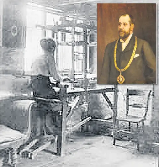 ?? Picasa/Cheshire East Council ?? Silk Weaver hand loom located close to natural light and, inset above, John Staniforth, Mayor of Macclesfie­ld, painted by Alice Maud Nunnerley – niece of James Ikin Nunnerley of Ormskirk