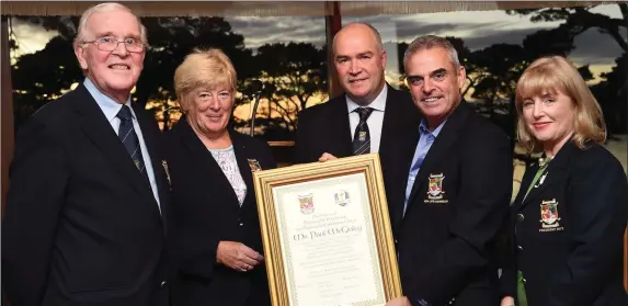  ??  ?? Irish golfer and former Ryder Cup winning captain Paul McGinley with club officers at Killarney Golf and Fishing Club where McGinley was honoured with Honorary Life Membership last Thursday. Photo by Michelle Cooper Galvin