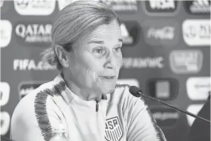 ??  ?? Coach Jill Ellis said Sunday of the recent statements by members of the U.S. team, “There’s confidence, but I think this team knows that everything is earned, nothing is given.” MICHAEL CHOW/USA TODAY SPORTS