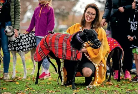  ?? DAVID UNWIN/STUFF ?? Catherine Robertson with Guss who was hit by a car a year ago and has only three legs.