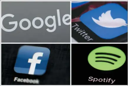 ?? THE ASSOCIATED PRESS ?? This photo combo of images shows, clockwise, from upper left: a Google sign, and apps for Twitter, Spotify and Facebook. YouTube, Facebook, Twitter, Spotify and other sites are finding themselves in a role they never wanted, as gatekeeper­s of discourse on their platforms, deciding what should and shouldn’t be allowed and often angering almost everyone in the process.