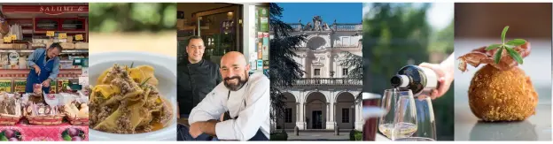  ??  ?? Above, from left: a deli stall in Albano Laziale market; pappardell­e al ragù; Belvedere dal 1933 chefs Alain and Nelson Rosica; Villa Falconieri in Frascati; Primo wine at Merumalia; a tomato and prosciutto croquette at Belvedere dal 1933