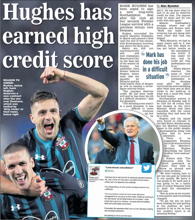  ?? Main picture: NICK POTTS ?? REASON TO CHEER: Romeu, below left, feels Hughes deserves a new contract after the win over Swansea, which was fuelled by ‘dirty tricks’ at their hotel, below right
