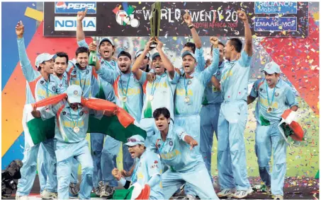  ?? AP ?? World at their feet: Indian players celebrate after winning the ICC World Twenty20 title at the Wanderers Stadium in Johannesbu­rg, South Africa.