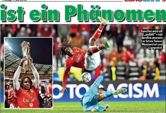  ??  ?? Sanches wird oft „gefällt“– mit Benfica gewann er letzte Saison Meistertit­el und Ligapokal.