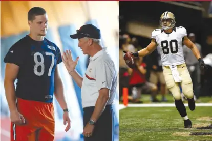  ??  ?? Bears second- round draft pick Adam Shaheen ( left, talking with coach John Fox during minicamp last month) has drawn comparison­s to former Saints tight end Jimmy Graham ( right) because of his height and athletic ability.
| AP ( SHAHEEN), GETTY IMAGES