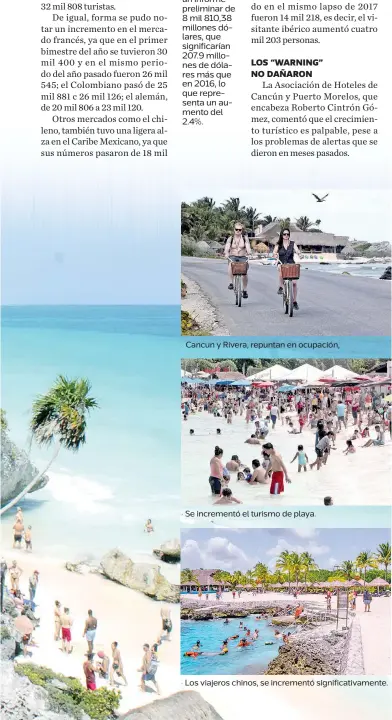  ??  ?? Cancun y Rivera, repuntan en ocupación, Se incrementó el turismo de playa. Los viajeros chinos, se incrementó significat­ivamente.