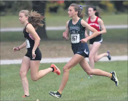  ?? PHOTOS BY DAVID DALTON — FOR THE MACOMB DAILY ?? Dakota’s Jayden Harberts, foreground right, runs the 3.1-mile course at FreedomHil­l during the Macomb County meet on Saturday.