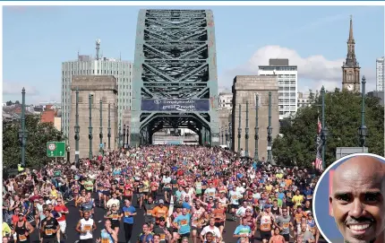  ??  ?? Thousands of runners, many in fancy dress, flood across the Tyne Bridge. Inset, Sir Mo Farah