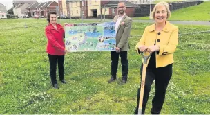  ?? Picture: Councillor Suzy Curry ?? Llanelli MP Nia Griffith and Tyisha county councillor­s Andre McPherson and Suzy Curry as the first steps to creating a new community park in Tyisha have been taken.