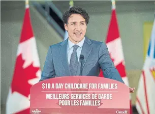  ?? ANDREW VAUGHAN THE CANADIAN PRESS FILE PHOTO ?? Prime Minister Justin Trudeau took advantage this year of the pandemic-induced political tailwinds to announce his government would invest up to $30 billion over five years for child care.