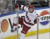  ?? Associated Press ?? Hurricanes center Evgeny Kuznetsov celebrates after scoring in the third period Monday in New York.