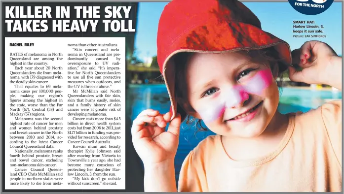  ?? Picture: ZAK SIMMONDS ?? SMART HAT: Harlow Lincoln, 3, keeps it sun safe.