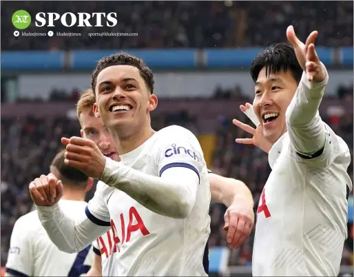  ?? AP ?? Tottenham Hotspur’s Brennan Johnson (left) celebrates scoring against Aston Villa on Sunday. —