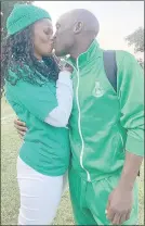  ?? ?? Congratula­tions ... Green Mamba’s Sabelo ‘Sikhali’ Ndzinisa getting a congratula­tory kiss from his wife Swane.