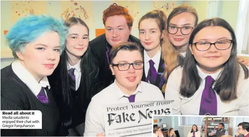  ??  ?? Read all about it Media satudents enjoyed their chat with Gregor Farquharso­n