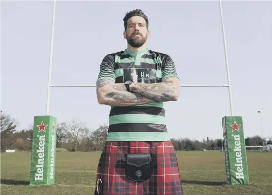  ??  ?? Jim Hamilton poses in a kilt during the Heineken Presents Take the Hit with School of Hard Knocks event at Richmond Park, London. The Coventry-raised lock, who credits rugby with making him ‘a better human being’, is relishing Saracens’ cup...