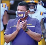  ?? AP/L.G. Patterson) ?? Before Saturday’s game between LSU and Florida was postponed, Tigers Coach Ed Orgeron said he wouldn’t be surprised if that happened. “If it’s safe for us to play, we’re going to play,” he said. “If the best thing for us is not to play, we shouldn’t play.”