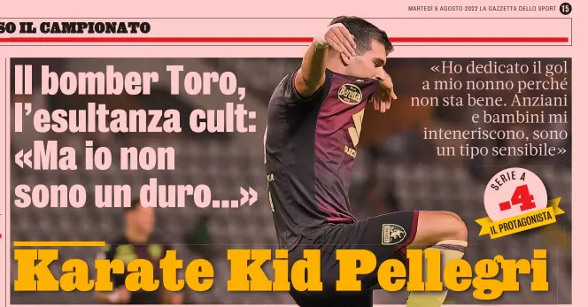  ?? LAPRESSE ?? Esordio in A da record Pietro Pellegri, 21 anni, esulta alla Karate Kid dopo il gol al Palermo. L’attaccante ha debuttato in A nel Genoa a 15 anni e 280 giorni, esordio precoce come quello di Amedeo Amadei, ex Roma anni 30