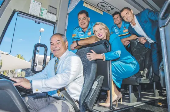  ?? Picture: JERAD WILLIAMS ?? Gold Coast Mayor Tom Tate, Mal Meninga, Kate Jones, star player Anthony Don and club CEO Steve Mitchell are ‘on the bus’ with the Titans.
