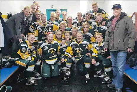  ?? THE CANADIAN PRESS ?? Members of the Humboldt Broncos are shown in this photo on the team’s Twitter feed after a March playoff win over the Melfort Mustangs. Families of those involved in the April 6 Broncos bus crash say they are still reeling after three “long, hard, tough, emotional” months.