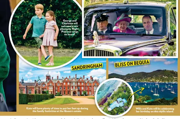  ??  ?? George and Charlotte will welcome a new playmate. Right: Precious cargo on board!
Kate will have plenty of time to put her feet up during the family festivitie­s at the Queen’s estate.
Wills and Kate will be celebratin­g her birthday on this idyllic island. HAM SANDRING BLISSONBEQ­UIA