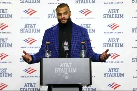  ?? RON JENKINS — THE ASSOCIATED PRESS ?? Dallas Cowboys quarterbac­k Dak Prescott speaks during a news conference following an NFL wild-card playoff football game against the San Francisco 49ers in Arlington, Texas, Sunday, Jan. 16, 2022.