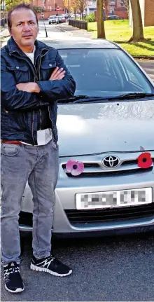  ??  ?? Beliefs: Tajamal Amar with poppies on his car. Left: Mr Amar in hospital