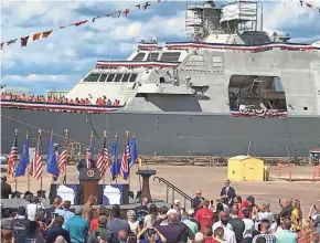  ?? PHOTOS BY MARK HOFFMAN/MILWAUKEE JOURNAL SENTINEL ?? President Donald Trump speaks at Fincantier­i Marinette Marine in Marinette on Thursday. Trump praised workers and the Navy ships built there through a $5.5 billion contract.