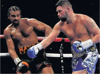  ??  ?? GRUDGE MATCH Tony Bellew, right, beats David Haye in March and aims to repeat the feat next month