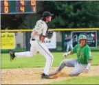  ?? GREGG SLABODA — TRENTONIAN FILE PHOTO ?? Hopewell Post 339’s Andy Blake, left, forces Hamilton Post 31’s Brady Plunkett at second base during action from the NJ State Tournament. Post 339 had an off day Friday at the American Legion World Series in Shelby, N.C.