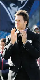  ?? Jessica Rinaldi, reuters ?? New England Patriots quarterbac­k Tom Brady applauds the crowd during a Super Bowl send-off event for the team at Gillette Stadium on Sunday.