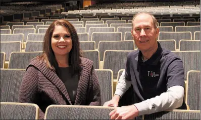  ?? Arkansas Democrat-Gazette/SEAN CLANCY ?? Dana Worstell and Kirk Whiteside of the nonprofit Helena Little Theatre sit in Lily Peter Auditorium, where the Little Theatre’s Christmas Extravagan­za will be staged Dec. 8.