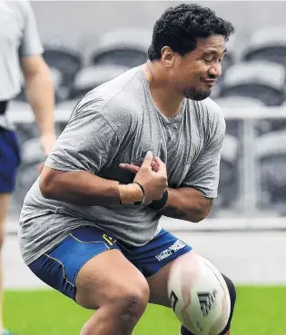  ?? PHOTO: STEPHEN JAQUIERY ?? Frontrow fumble . . . Otago prop Hisa Sasagi drops the ball during a game at training at Forsyth Barr Stadium.