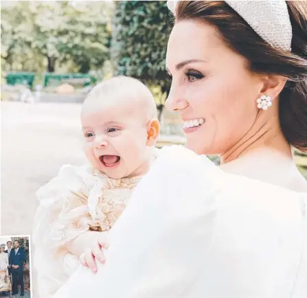  ??  ?? The Duchess of Cambridge holds Prince Louis in a candid photograph, and left, an official portrait from his christenin­g released by the Royal Family.