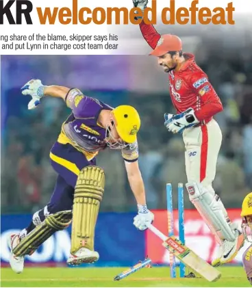  ??  ?? Chris Lynn’s run out proved costly for the Kolkata Knight Riders against Kings XI Punjab on Tuesday.