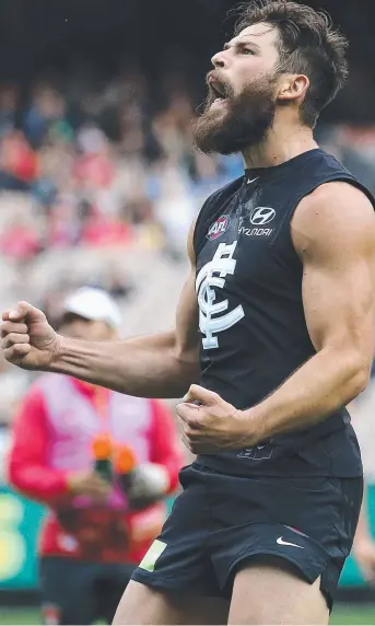  ?? Picture: WAYNE LUDBEY ?? Carlton’s Levi Casboult celebrates a goal in the second quarter of the match against the Sydney Swans at the MCG yesterday, where the Blues scored a stunning upset victory
