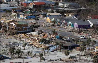  ?? The Associated Press ?? WHITE HOUSE REPORT: This Oct. 12 aerial photo shows devastatio­n from Hurricane Michael over Mexico Beach, Fla. A massive new federal report warns that extreme weather disasters, like California’s wildfires and 2018’s hurricanes, are worsening in the United States. The White House report quietly issued Friday also frequently contradict­s President Donald Trump.