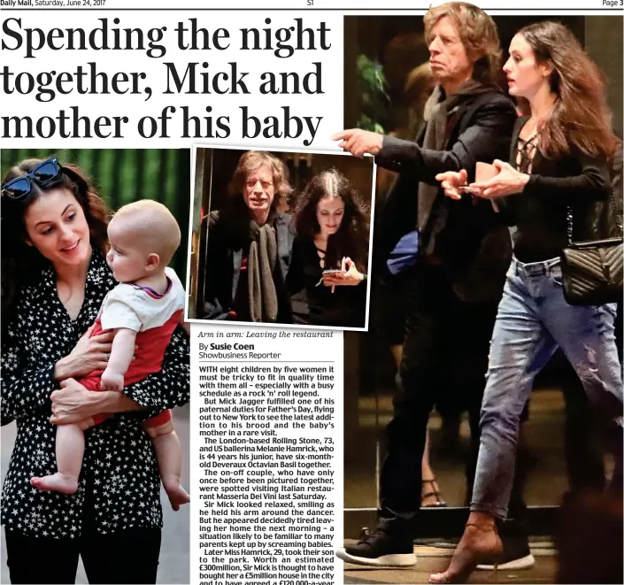  ??  ?? Proud: Miss Hamrick with six-month-old Deveraux Arm in arm: Leaving the restaurant Date night: Mick Jagger and ballerina Melanie Hamrick out in New York