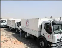  ?? Picture: AP ?? IN THE EYES: A convoy of Syrian Red Crescent vehicles arrive in Douma, eastern Ghouta, a suburb of Damascus. The Conscience Convoy seeks to draw the world’s attention to the suffering of women who have been tortured and are victims of war.