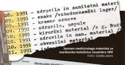  ?? FOTO: OSEBNI ARHIV ?? Seznam medicinske­ga materiala za mariborsko bolnišnico novembra 1991