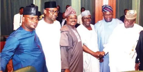  ?? Photo: Felix Onigbinde ?? From left: Governors Yahaya Bello (Kogi); Abubakar Sani Bello (Niger); Abiola Ajimobi (Oyo); Umaru Tanko Al-Makura (Nasarawa); Akinwunmi Ambode (Lagos); and Abdul’aziz Abubakar Yari (Zamfara), during the APC Governor's Forum meeting with President...