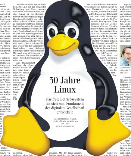  ?? FOTOS: WIKICOMMON­S/DPA ?? Tux, der lächelnde Pinguin, ist das offizielle Maskottche­n von Linux
Der Erfinder des Betriebssy­stems Linux, der Finne Linus Torvalds, 1999 und 2014.