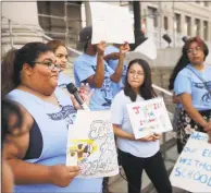  ?? Brian A. Pounds / Hearst Connecticu­t Media ?? Bridgeport residents Crystal Aguirre, 20; Malaska Hernandez, 16; Tania Chapa, 14; and Morgan Gonzalez, 14; from Make the Road Connecticu­t’s Youth Power Committee, lead a rally outside City Hall on Monday where they called for better school bus service.